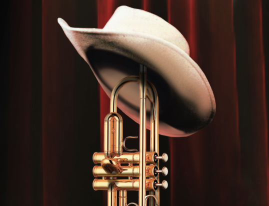 Thumbnail of http://A%20cowboy%20hat%20rests%20on%20a%20shiny%20brass%20trumpet%20against%20a%20backdrop%20of%20deep%20red%20curtains.