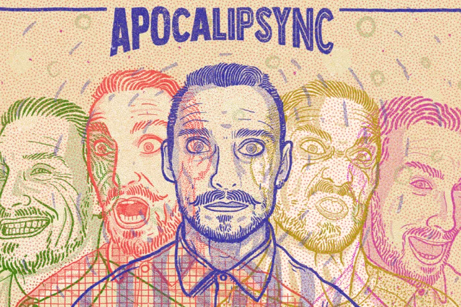 Illustrated poster titled "Apocalipsync" features five overlapping male portraits in colorful comic-book style. Each face shows a different exaggerated expression.
