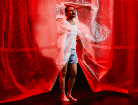 Thumbnail of http://A%20man%20in%20shorts%20and%20a%20tank%20top%20stands%20barefoot,%20emerging%20through%20red%20transparent%20curtains.%20The%20scene%20is%20dramatically%20lit,%20casting%20a%20bold,%20theatrical%20mood.