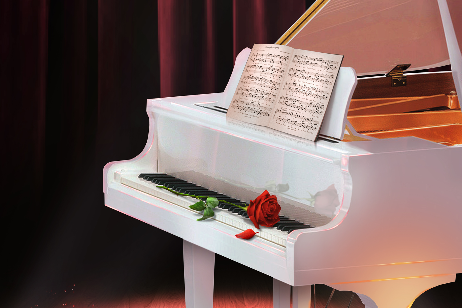A white grand piano with an open lid stands on a stage, under a spotlight. Sheet music and a red rose are on the keys. Red curtains hang in the background.
