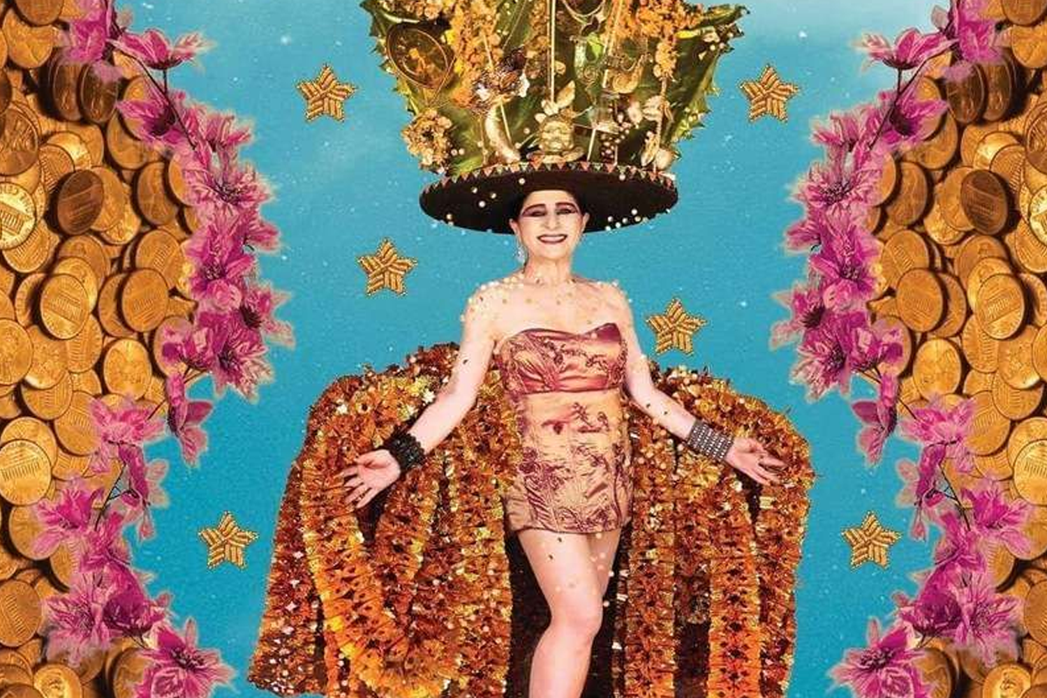 A person in a vibrant outfit stands smiling, wearing a large ornate crown and colorful cape against a backdrop of coins and purple flowers on a blue sky.
